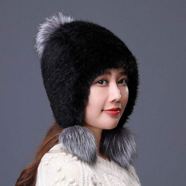 women real mink fur hats winter warm earmuffs beanie cap with three fox fur ball, Blue;gray
women real mink fur hats winter warm earmuffs beanie cap with three fox fur ball, Blue;gray