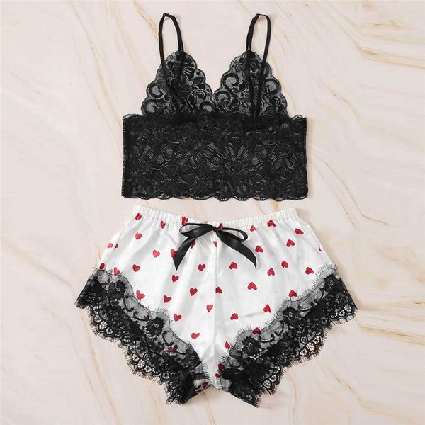 2 pieces women satin lace silk print camisole shorts bow set sleepwear pajamas lingerie heart print babydoll sleepwear a20, Red;black
2 pieces women satin lace silk print camisole shorts bow set sleepwear pajamas lingerie heart print babydoll sleepwear a20, Red;black