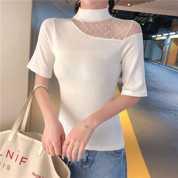 women's t-shirt real pos patchwork mesh knit girls turtleneck short sleeve thin tshirts for female jj4195, White
women's t-shirt real pos patchwork mesh knit girls turtleneck short sleeve thin tshirts for female jj4195, White