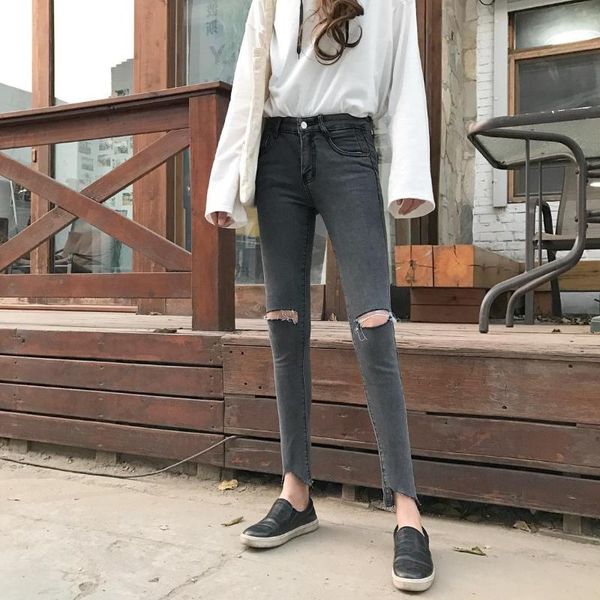 2020 spring summer new gray high waist knee hole jeans women's high waist elasticity skinny frayed denim pants, Blue
2020 spring summer new gray high waist knee hole jeans women's high waist elasticity skinny frayed denim pants, Blue