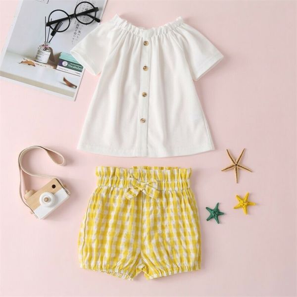 clothing sets born baby girl summer off shoulder white t-shirt yellow plaid shorts 2pcs casual outfits 0-24m
clothing sets born baby girl summer off shoulder white t-shirt yellow plaid shorts 2pcs casual outfits 0-24m