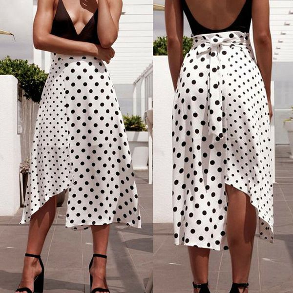 

women polka dot split skirt ladies high waist summer holiday beach midi asymmetrical lace up skirts, Black