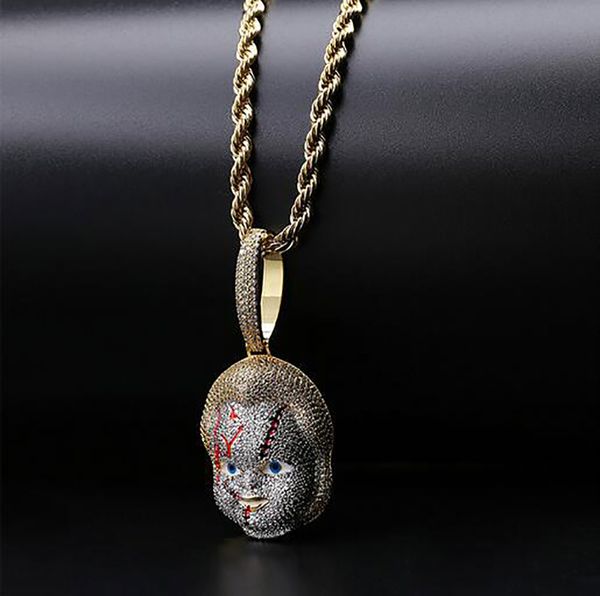14k iced out gold horror doll pendant necklace bling necklace micro pave cubic zircon pendant fashion jewelry, Silver
14k iced out gold horror doll pendant necklace bling necklace micro pave cubic zircon pendant fashion jewelry, Silver