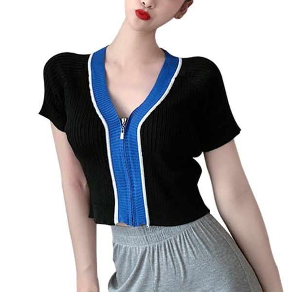 women's t-shirt fashion v-neck stitching short bare belly knitted cardigan short-sleeved slim korean summer women's, White
women's t-shirt fashion v-neck stitching short bare belly knitted cardigan short-sleeved slim korean summer women's, White