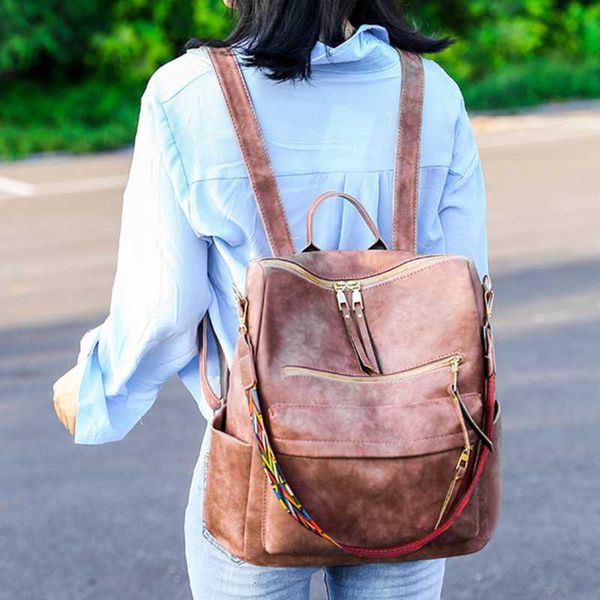 retro large backpack women pu leather rucksack women's knapsack travel backpacks shoulder school bags back pack