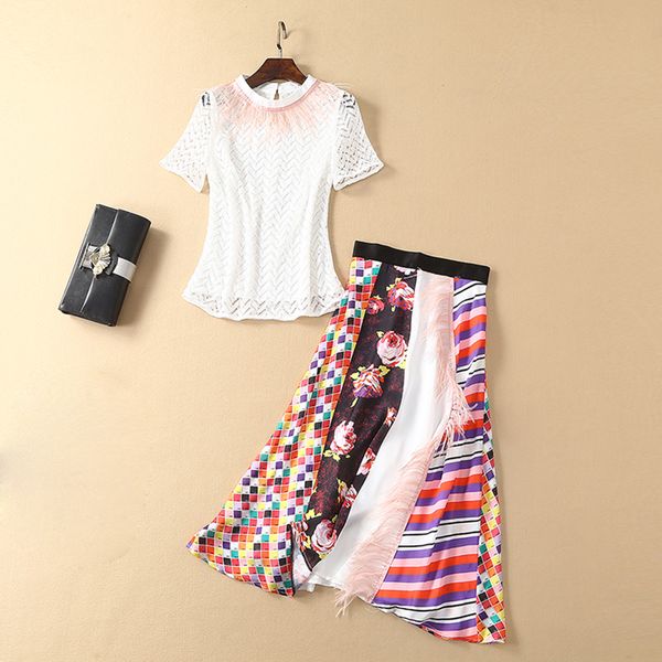 2019 fashion designer runway suit set women's short sleeve lace blouse color block tassel skirt set, White
2019 fashion designer runway suit set women's short sleeve lace blouse color block tassel skirt set, White