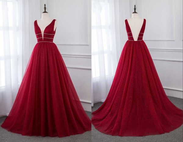 dark red open back evening bridesmaid dresses deep v neck straps a line tulle beaded sequins long prom party formal dress, Black;red
dark red open back evening bridesmaid dresses deep v neck straps a line tulle beaded sequins long prom party formal dress, Black;red