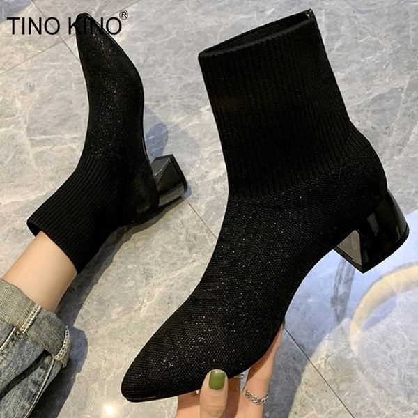 women ankle boots stretch knitting spring sock boot female pointed toe square mid heels ladies casual slip on bling shoes, Black
women ankle boots stretch knitting spring sock boot female pointed toe square mid heels ladies casual slip on bling shoes, Black