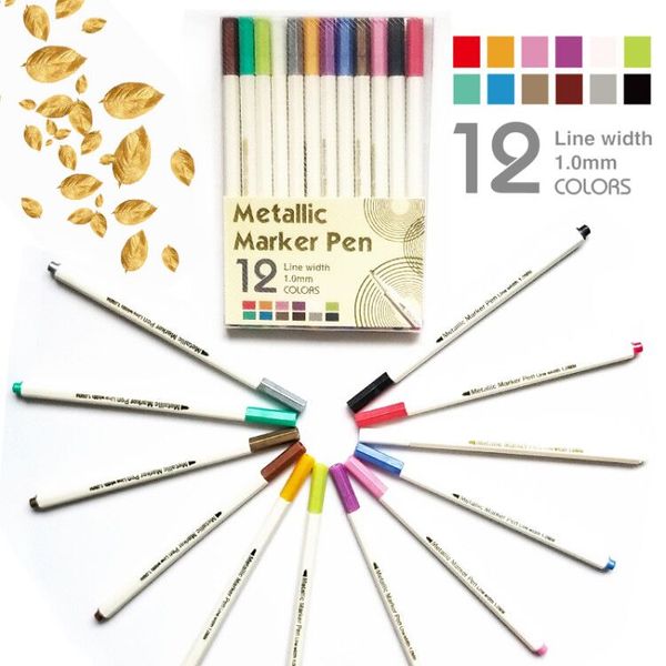 Metallic Marker Pens, Set Of 12 Assorted Colors For Coloring Books, Art Rock Painting, Card Making, Metal And Ceramics