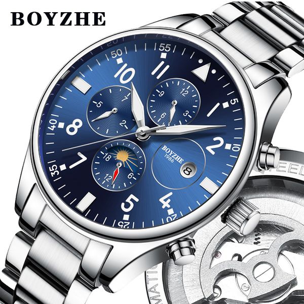 

boyzhe 2018 neue manner automatische mechanische uhr edelstahl mode luxus marke militarische wasserdichte business sport uhren, Slivery;brown