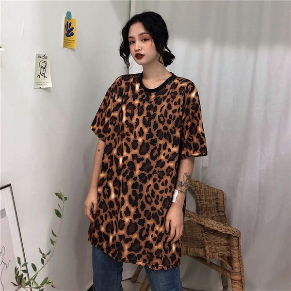 2019 spring and summer new women t-shirt half sleeve loose leopard medium and long t-shirt, White
2019 spring and summer new women t-shirt half sleeve loose leopard medium and long t-shirt, White