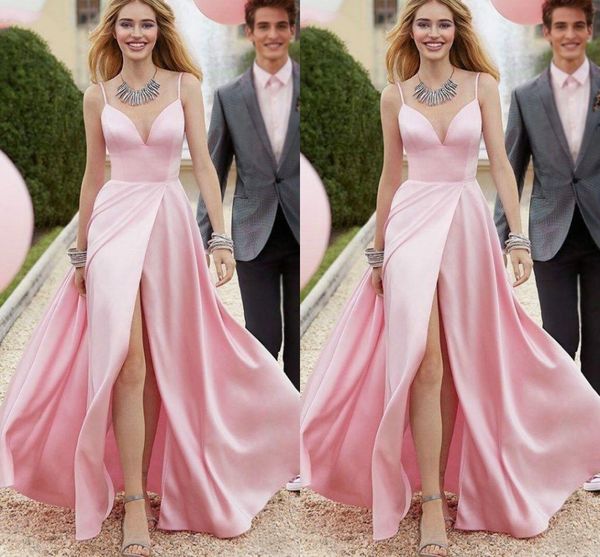 pink simple spaghetti straps a-line prom dresses front high split floor length plus size formal dress evening prom party gowns, Black
pink simple spaghetti straps a-line prom dresses front high split floor length plus size formal dress evening prom party gowns, Black