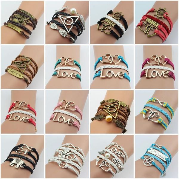 12 style handwork knitting bracelet antique cross love peach heart owl bird elephant pearl charm leather braided bracelets for women jewelry, Golden;silver
12 style handwork knitting bracelet antique cross love peach heart owl bird elephant pearl charm leather braided bracelets for women jewelry, Golden;silver
