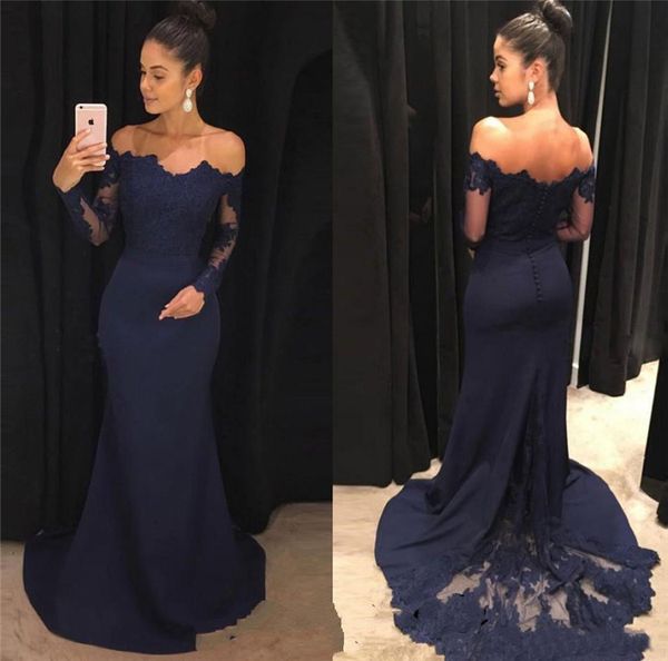 off shoulder mermaid prom dresses 2019 navy blue long sleeves lace satin evening dresses formal evening dress elegant formal gowns, Black
off shoulder mermaid prom dresses 2019 navy blue long sleeves lace satin evening dresses formal evening dress elegant formal gowns, Black