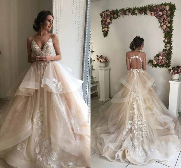 2019 new champagne elegant a line spaghetti lace wedding dresses tiered ruffle flowing lace applique v neck zipper back bridal wedding gowns, White
2019 new champagne elegant a line spaghetti lace wedding dresses tiered ruffle flowing lace applique v neck zipper back bridal wedding gowns, White