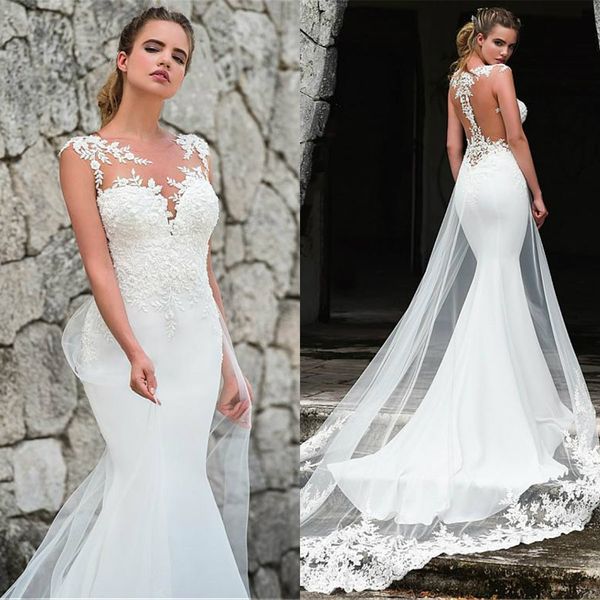 fashionable sleeveless mermaid wedding dresses with lace appliques sweep train overskirt bridal dress jewel neck illusion back wedding gowns, White 
fashionable sleeveless mermaid wedding dresses with lace appliques sweep train overskirt bridal dress jewel neck illusion back wedding gowns, White