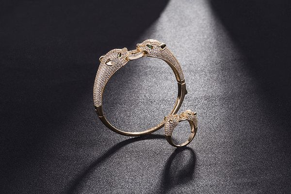 copper inlaid zircon double head leopard open bracelet cz, Black