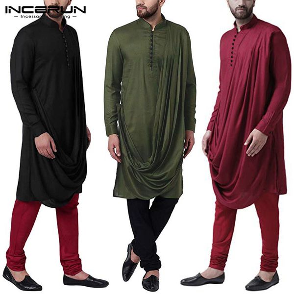 incerun men solid color irregular shirt stand collar vintage long sleeve button muslim casual long shirts men kurtas, White;black
incerun men solid color irregular shirt stand collar vintage long sleeve button muslim casual long shirts men kurtas, White;black