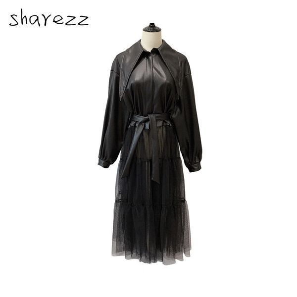 sharezz 2020 new fashion pu leather coat women solid color long mesh gauze black jackets with belt spring autumn
sharezz 2020 new fashion pu leather coat women solid color long mesh gauze black jackets with belt spring autumn