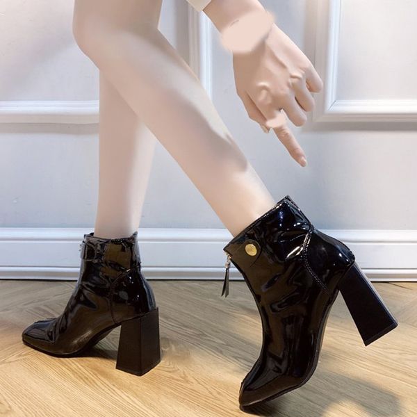 winter shoes woman square high heel boots new fashion women solid zipper buckle square toe shoes party boots zapatos de mujer, Black