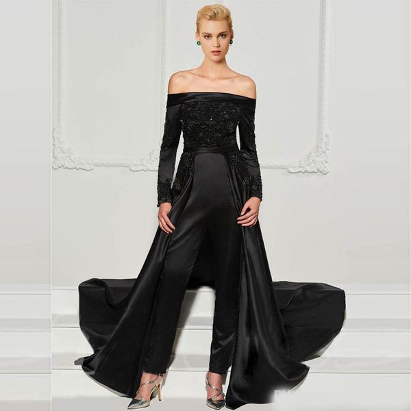 fashion black lace jumpsuits evening dresses with detachable train off the shoulder beaded formal gowns long sleeves sequined prom dress, Black;red
fashion black lace jumpsuits evening dresses with detachable train off the shoulder beaded formal gowns long sleeves sequined prom dress, Black;red