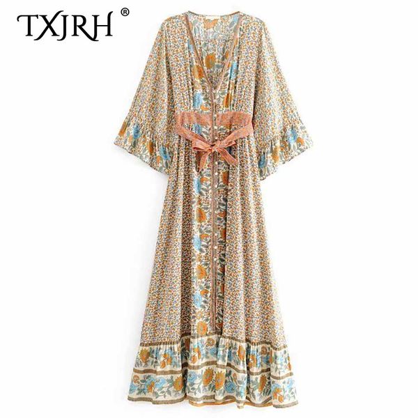txjrh vintage bohemia ethnic sunflower floral waist sashes tied bow 3/4 flare sleeve single-breasted a-line long dress vestidos, Black;gray
txjrh vintage bohemia ethnic sunflower floral waist sashes tied bow 3/4 flare sleeve single-breasted a-line long dress vestidos, Black;gray