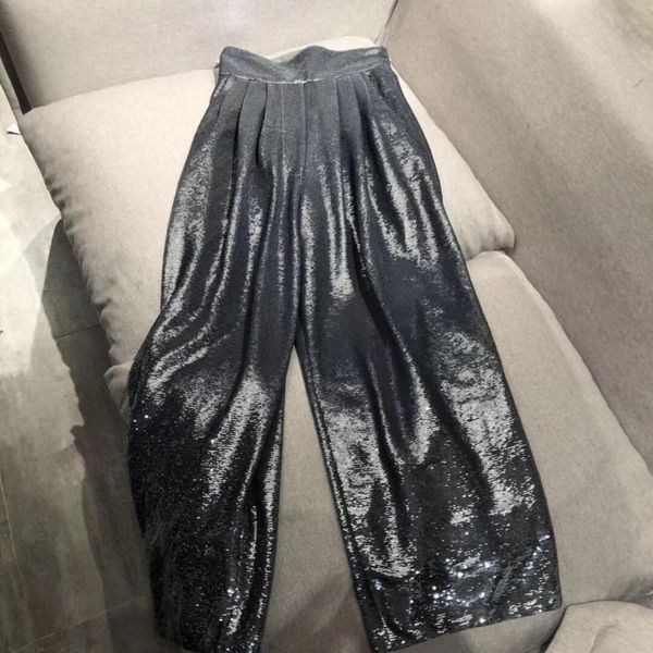 2019 summer new female silver gray with sequined net wide leg casual pants 0525, Black;white