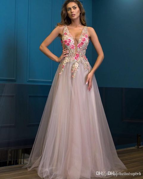 long v neck tulle prom dresses formal embroidery paolo sebastian 2019 new elie saab elegant party evening gowns, Black
long v neck tulle prom dresses formal embroidery paolo sebastian 2019 new elie saab elegant party evening gowns, Black