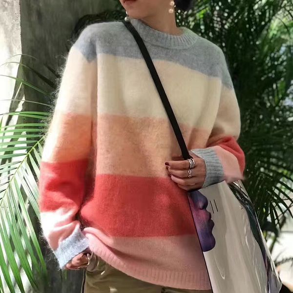 autumn and winter 2019 new mohair loose round neck sleeve color matching rainbow stripe women's sweater, White;black 
autumn and winter 2019 new mohair loose round neck sleeve color matching rainbow stripe women's sweater, White;black