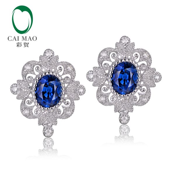 

caimao vintage 0.92ct blue sapphires 0.11ct round diamond 14kt white gold retro earrings for women, Golden;silver
