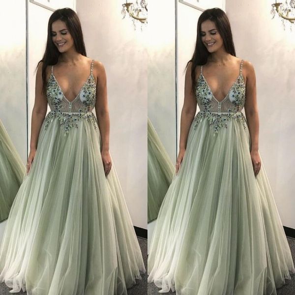 mint green spaghetti strap a line tulle prom dresses deep v neck floor length party gowns with applique beads, Black
mint green spaghetti strap a line tulle prom dresses deep v neck floor length party gowns with applique beads, Black
