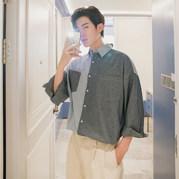 men's casual shirts ewq / wear color block patchwork oversize korean shirt 2021 summer loose three quarter sleeve with pockets y2423, White;black
men's casual shirts ewq / wear color block patchwork oversize korean shirt 2021 summer loose three quarter sleeve with pockets y2423, White;black