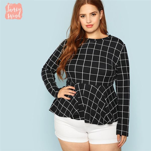 black and plaid blouse ruffle hem women plus size workwear office lady o neck grid print peplum autumn new top, White
black and plaid blouse ruffle hem women plus size workwear office lady o neck grid print peplum autumn new top, White