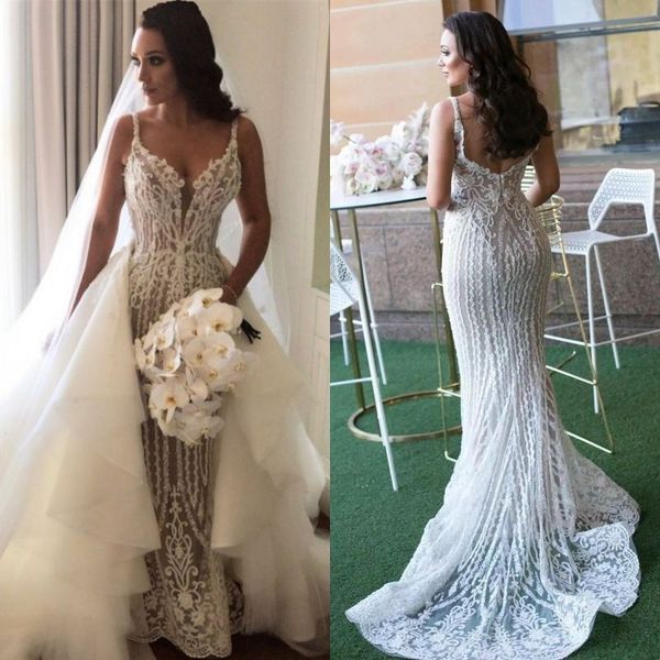 gorgeous lace mermaid wedding dresses spaghetti strap sleeveless zipper back bride dress with tulle detachable skirt, White
gorgeous lace mermaid wedding dresses spaghetti strap sleeveless zipper back bride dress with tulle detachable skirt, White