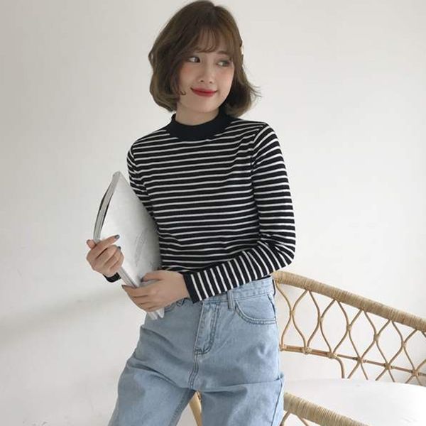 women knitted striped turtleneck sweater autumn winter casual jumper fashion slim femme sweater, White;black
women knitted striped turtleneck sweater autumn winter casual jumper fashion slim femme sweater, White;black