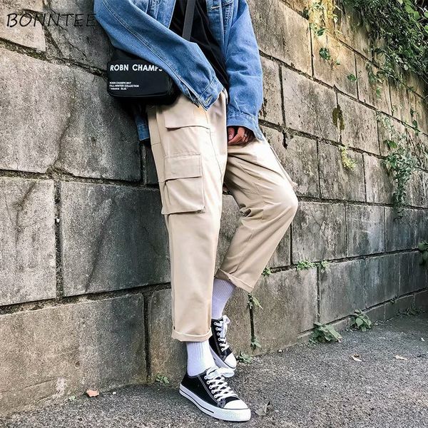 

pants men pockets leisure daily loose harajuku simple all-match korean style trendy soft hip hop cargo pant mens ulzzang trouser, Black