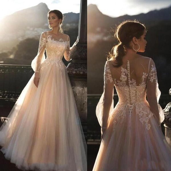 romantic sheer long sleeves wedding dresses a line lace appliqued illusion back bridal gowns custom made robes de mariée, White
romantic sheer long sleeves wedding dresses a line lace appliqued illusion back bridal gowns custom made robes de mariée, White