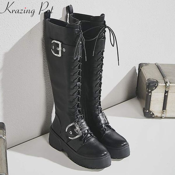 krazing pot natural cow leather lace up leisure round toe thick high bottom runway metal buckle decoration thigh high boots l63, Black