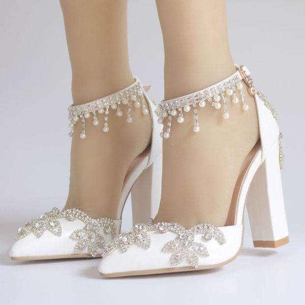 pointed toe chunky heel pumps luxury rhinestone pearl lady white dress shoes with ankle strap size 35-41, Black
pointed toe chunky heel pumps luxury rhinestone pearl lady white dress shoes with ankle strap size 35-41, Black