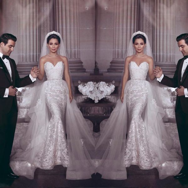 vintage lace mermaid bridal dresses with tulle overskirts sweetheart beaded wedding gowns custom made dubai wedding vestidos 2019, White
vintage lace mermaid bridal dresses with tulle overskirts sweetheart beaded wedding gowns custom made dubai wedding vestidos 2019, White