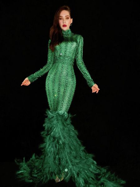 green rhinestones feather tail long dress birthday celebrate outfit prom party wear female singer dresses, Black;red