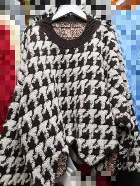 women's sweaters 2021 winter black sweater round neck thickened plaid loose irregular knit retro tide women, White;black
women's sweaters 2021 winter black sweater round neck thickened plaid loose irregular knit retro tide women, White;black