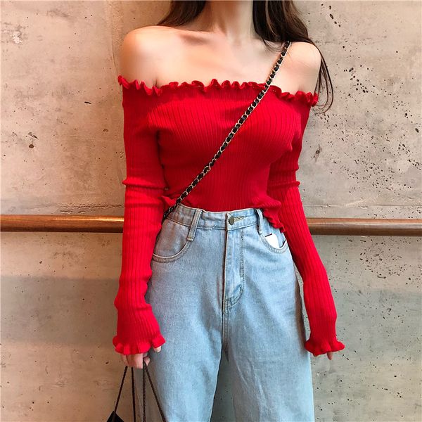women's sweaters blusas mujer de moda 2021 fashion brand off shoulder korean sweater women and pullovers slash neck winter clothes, White;black
women's sweaters blusas mujer de moda 2021 fashion brand off shoulder korean sweater women and pullovers slash neck winter clothes, White;black