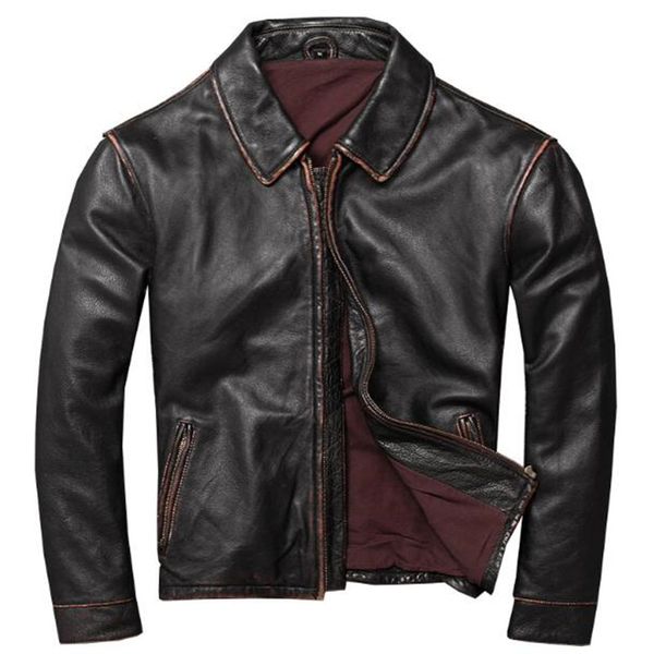 

winter men's motorcycle pilot bomber basic genuine leather jacket for men vintage retro punk cow leather coat male biker clothes, Black