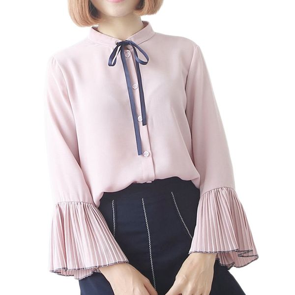 long flare sleeve bow tie bandage blouse ruffles chiffon solid elegant women's shirt small stand single line buttons new blusas, White
long flare sleeve bow tie bandage blouse ruffles chiffon solid elegant women's shirt small stand single line buttons new blusas, White