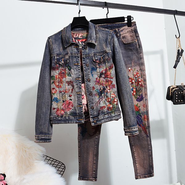 2019 spring fall woman long-sleeved denim jackets print coat + retro jeans two piece girls casual slim pencel pants set students, White
2019 spring fall woman long-sleeved denim jackets print coat + retro jeans two piece girls casual slim pencel pants set students, White