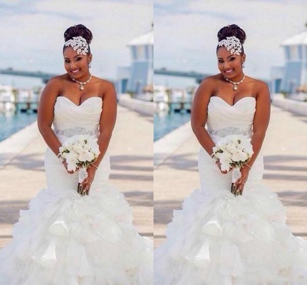 2020 african plus size mermaid wedding dresses sweetheart crystal beaded sleeveless organza ruffles tiered custom formal bridal gowns, White
2020 african plus size mermaid wedding dresses sweetheart crystal beaded sleeveless organza ruffles tiered custom formal bridal gowns, White