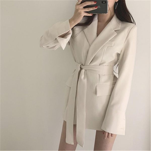 women's suits & blazers korean fashion 2021 autumn winter women jackets office ladies lace up notched formal outwear elegant white blac, White;black