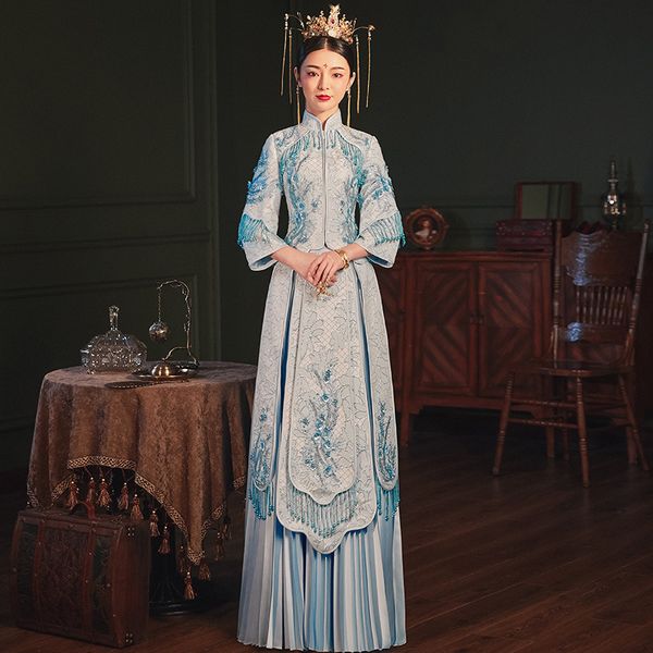 ethnic clothing blue traditional chinese wedding dress long cheongsam handmade beaded tassel qipao retro dressing gown, Red
ethnic clothing blue traditional chinese wedding dress long cheongsam handmade beaded tassel qipao retro dressing gown, Red
