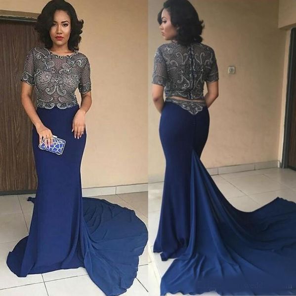 dark navy mermaid two pieces evening dresses with short sleeves beaded prom gowns sweep train vestidos de fiesta lace appliqued formal dress, Black;red
dark navy mermaid two pieces evening dresses with short sleeves beaded prom gowns sweep train vestidos de fiesta lace appliqued formal dress, Black;red